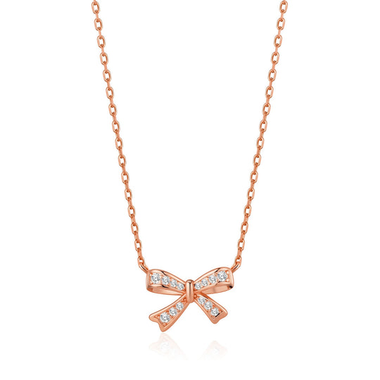 Rose Gold Plated Bow Necklace Created with Zircondia® Crystals - Philip Jones Jewellery