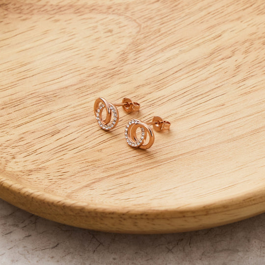 Rose Gold Plated Circle Link Earrings Created with Zircondia® Crystals - Philip Jones Jewellery