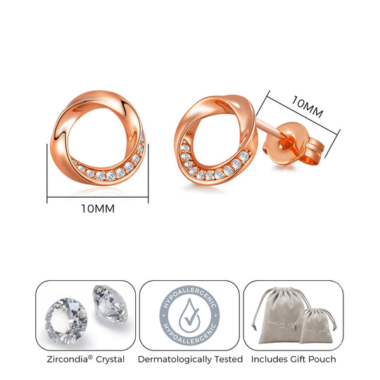 Rose Gold Plated Circle Twist Earrings Created with Zircondia® Crystals - Philip Jones Jewellery