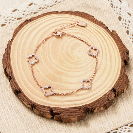 Rose Gold Plated Clover Bracelet Created with Zircondia® Crystals - Philip Jones Jewellery