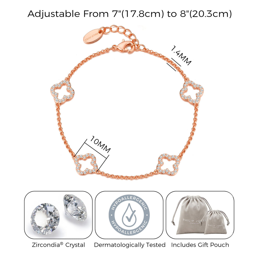 Rose Gold Plated Clover Bracelet Created with Zircondia® Crystals - Philip Jones Jewellery