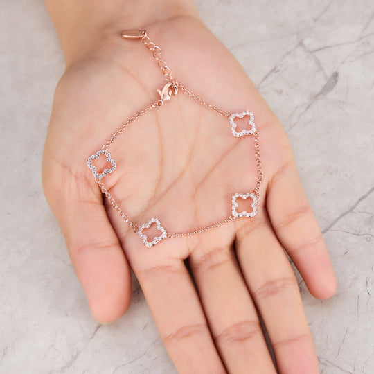 Rose Gold Plated Clover Bracelet Created with Zircondia® Crystals - Philip Jones Jewellery