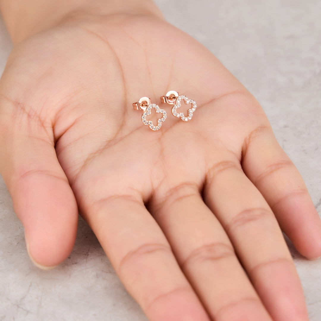 Rose Gold Plated Clover Earrings Created with Zircondia® Crystals - Philip Jones Jewellery