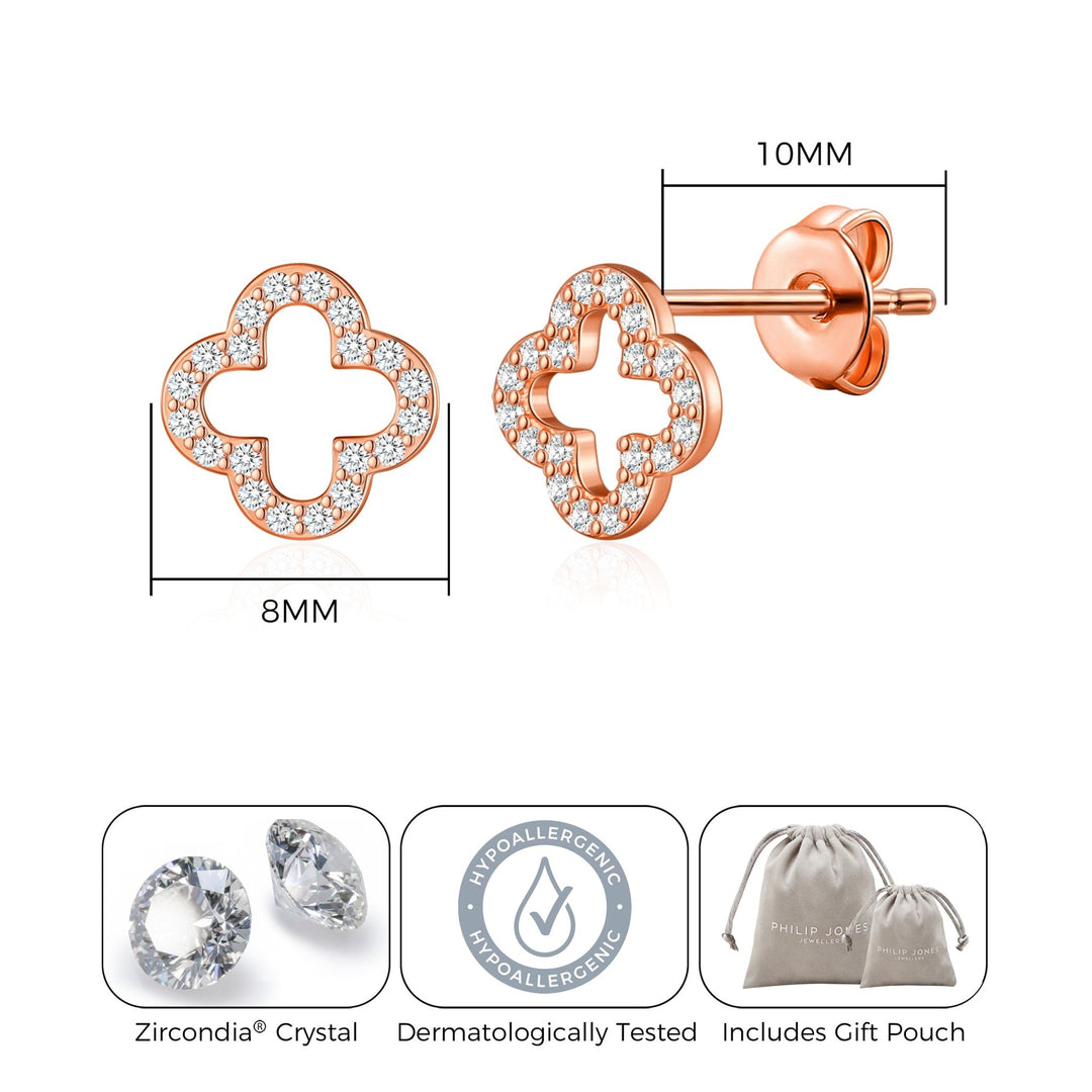 Rose Gold Plated Clover Earrings Created with Zircondia® Crystals - Philip Jones Jewellery