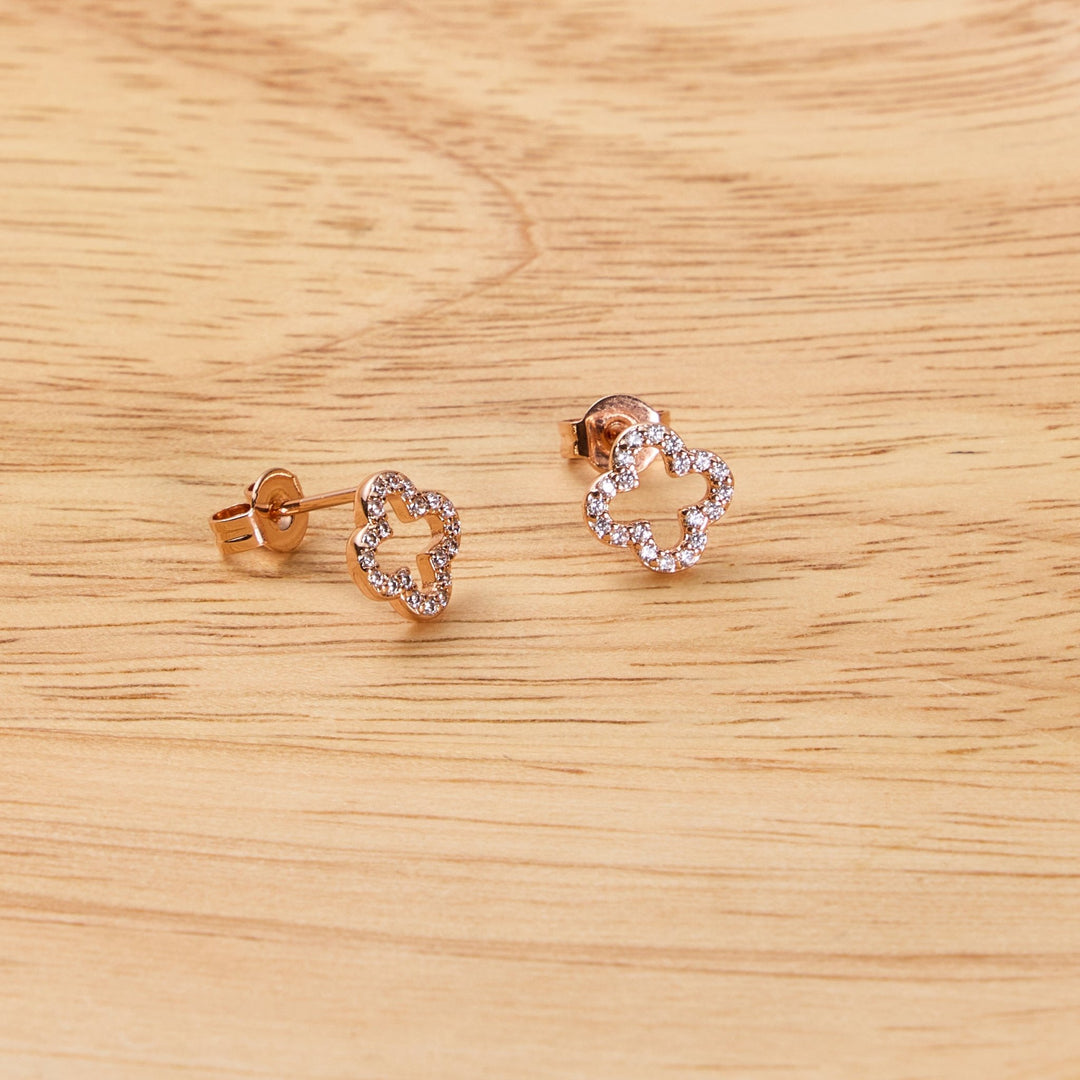 Rose Gold Plated Clover Earrings Created with Zircondia® Crystals - Philip Jones Jewellery