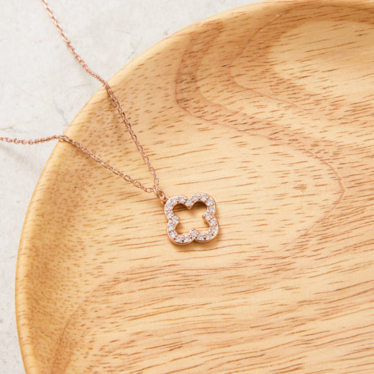 Rose Gold Plated Clover Necklace Created with Zircondia® Crystals - Philip Jones Jewellery