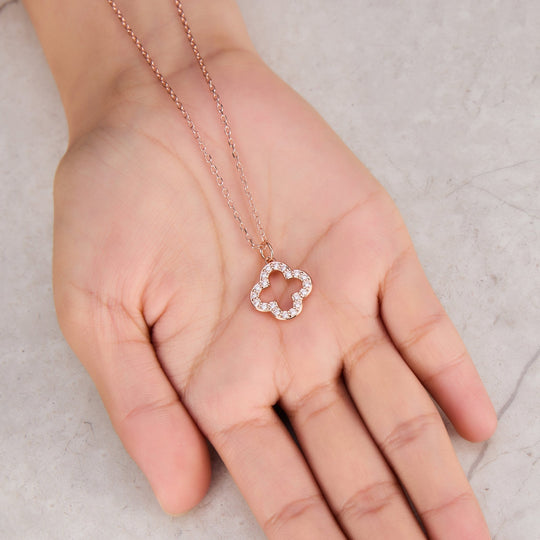Rose Gold Plated Clover Necklace Created with Zircondia® Crystals - Philip Jones Jewellery