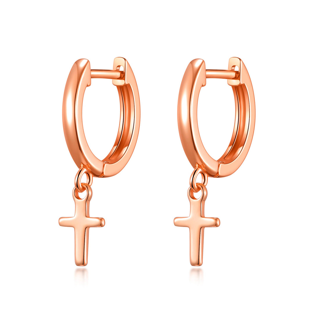 Rose Gold Plated Cross Charm Hoop Earrings - Philip Jones Jewellery