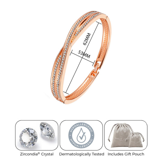 Rose Gold Plated Crossover Bangle Created with Zircondia® Crystals (7 Inch) - Philip Jones Jewellery