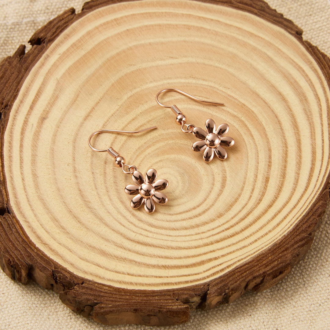 Rose Gold Plated Daisy Drop Earrings - Philip Jones Jewellery