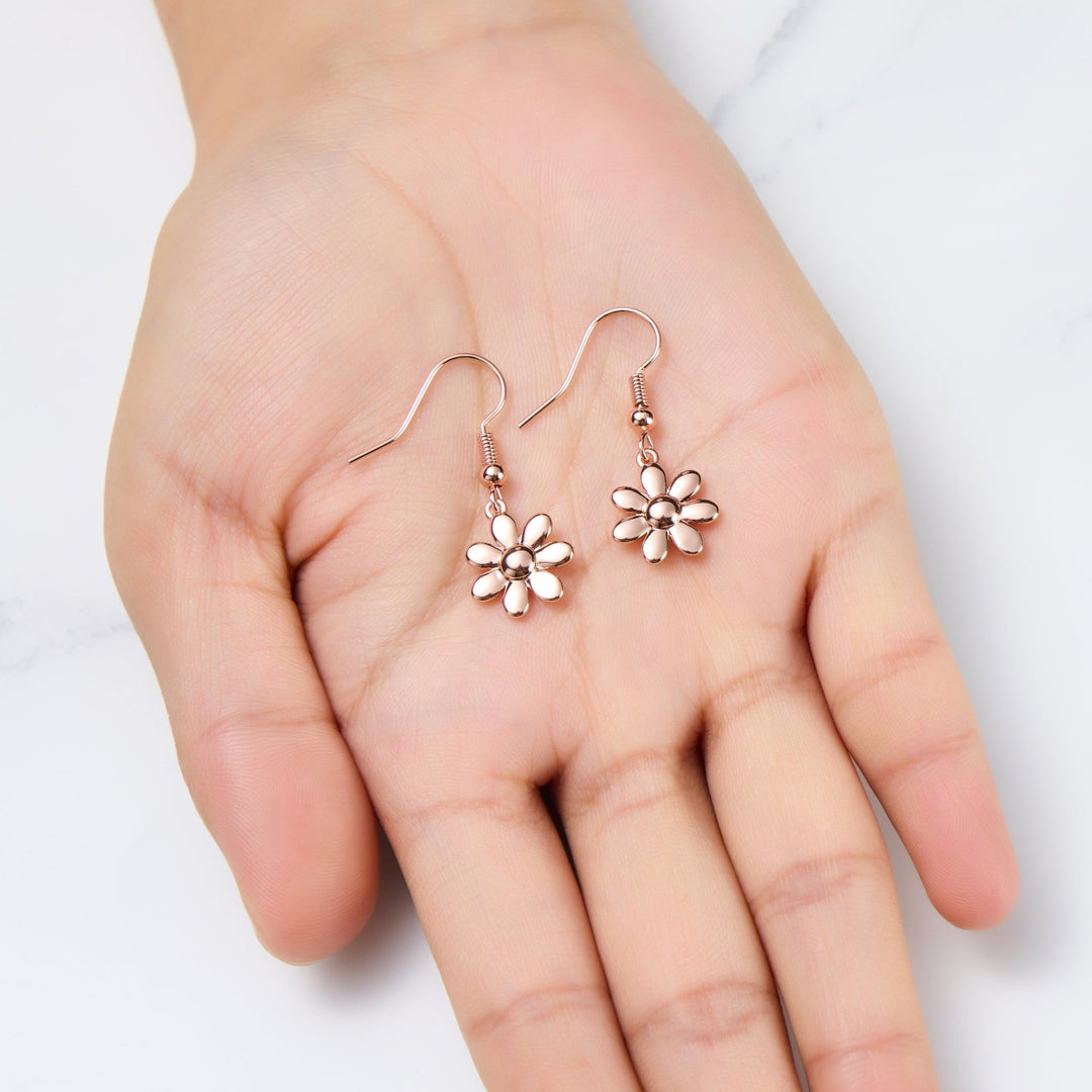 Rose Gold Plated Daisy Drop Earrings - Philip Jones Jewellery