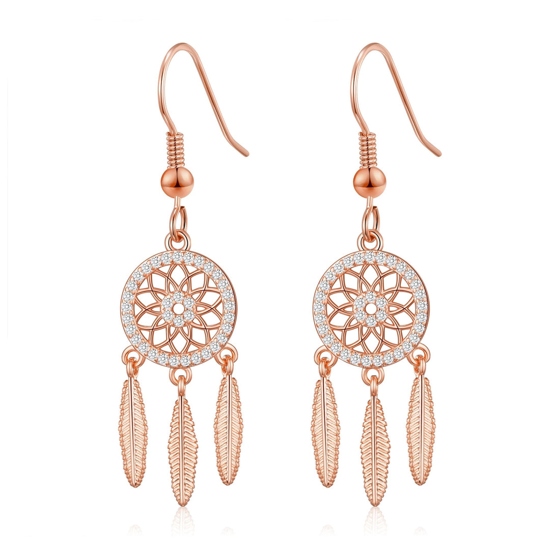 Rose Gold Plated Dream Catcher Drop Earrings Created with Zircondia® Crystals - Philip Jones Jewellery