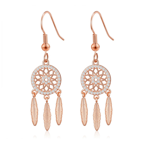 Rose Gold Plated Dream Catcher Drop Earrings Created with Zircondia® Crystals - Philip Jones Jewellery