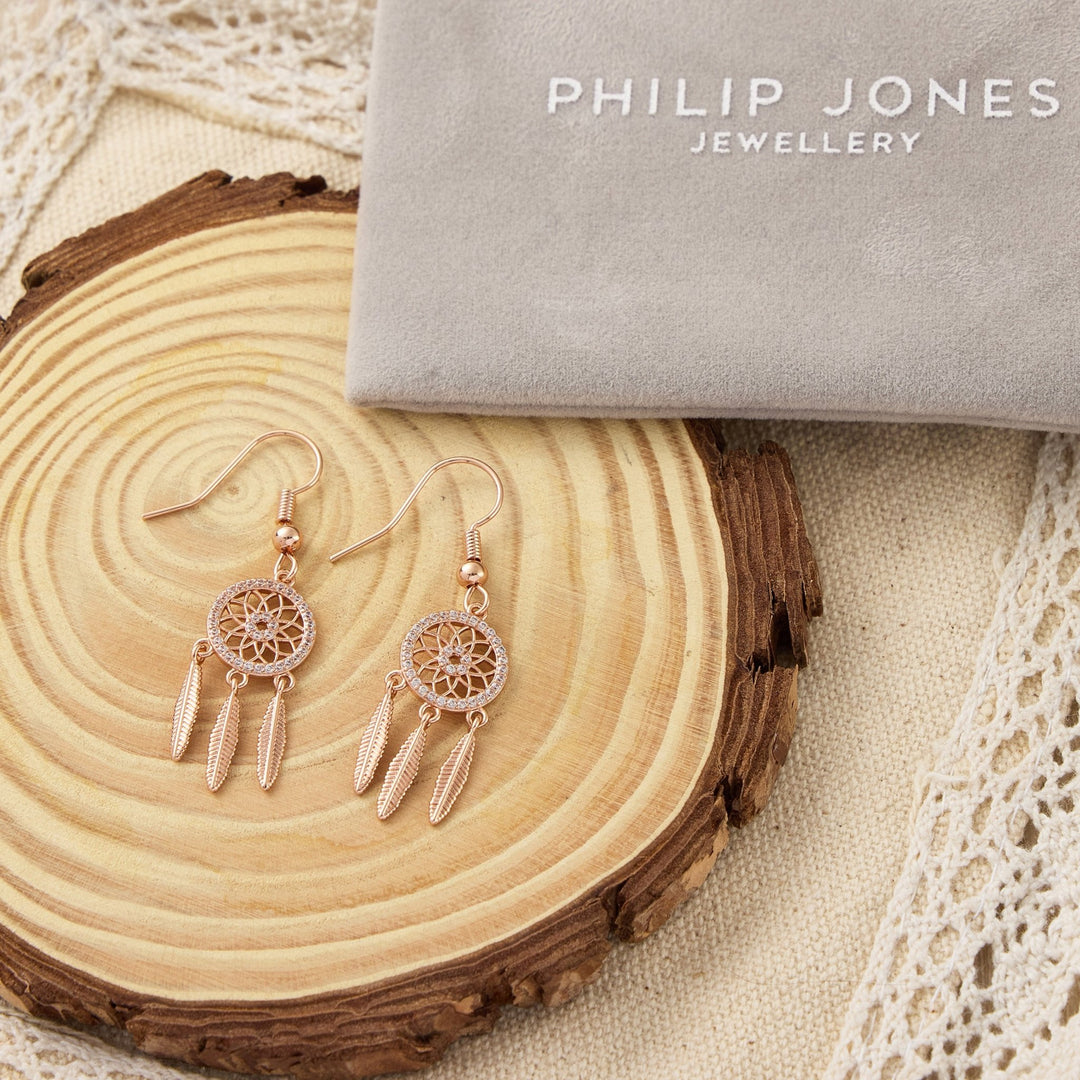 Rose Gold Plated Dream Catcher Drop Earrings Created with Zircondia® Crystals - Philip Jones Jewellery