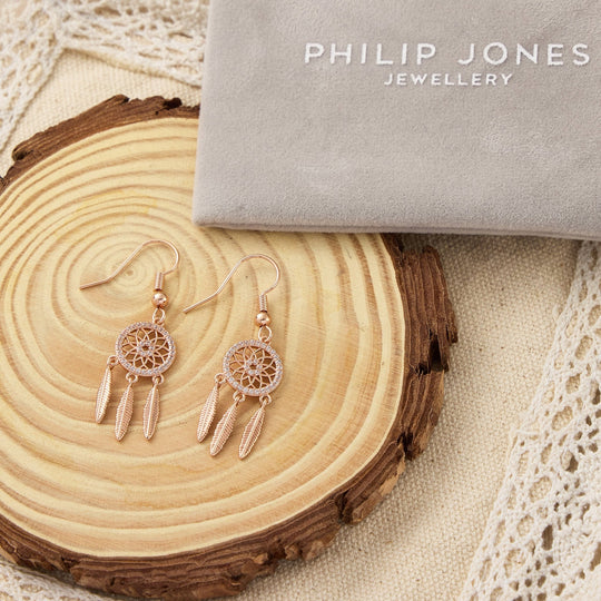 Rose Gold Plated Dream Catcher Drop Earrings Created with Zircondia® Crystals - Philip Jones Jewellery