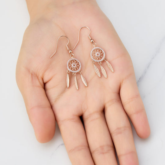 Rose Gold Plated Dream Catcher Drop Earrings Created with Zircondia® Crystals - Philip Jones Jewellery