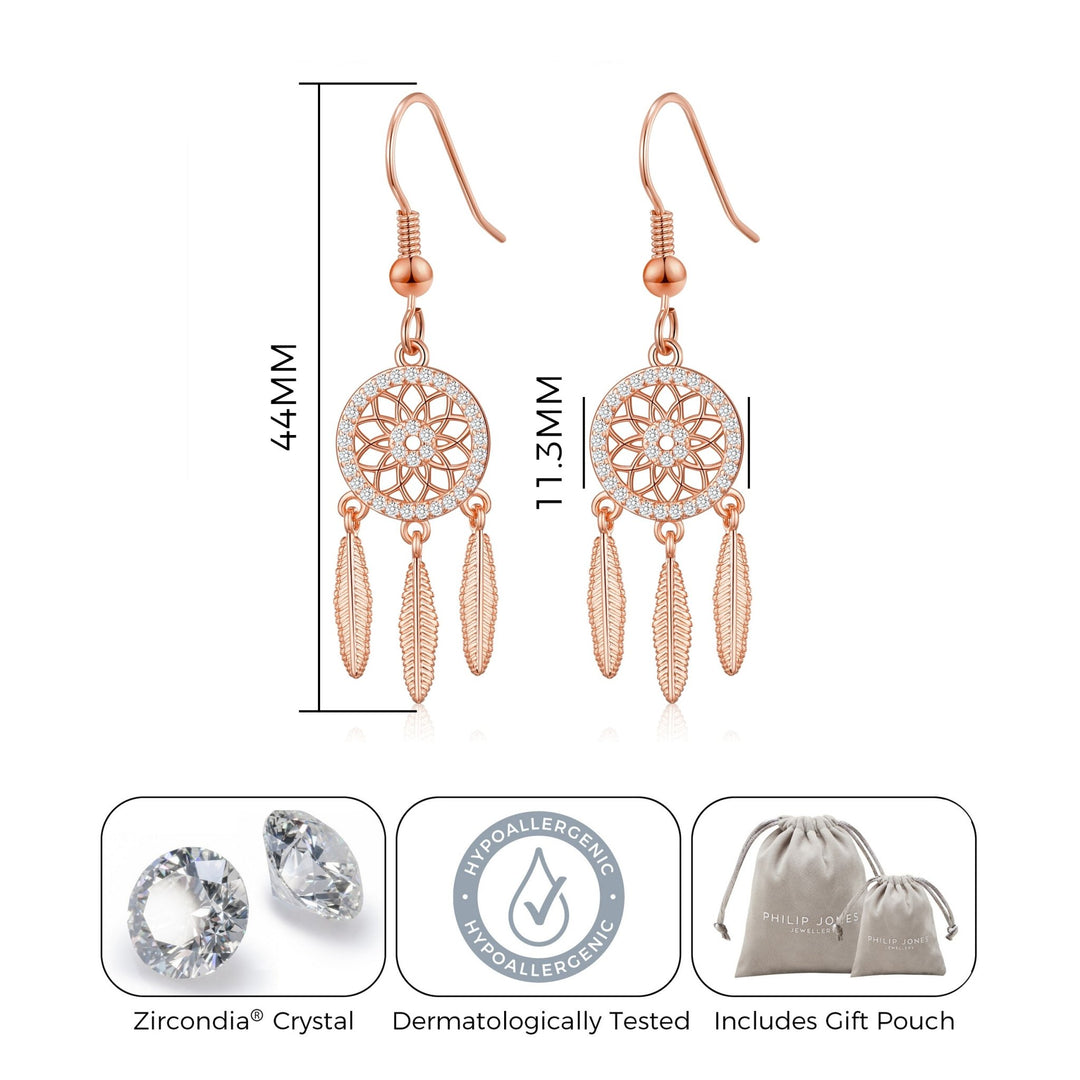 Rose Gold Plated Dream Catcher Drop Earrings Created with Zircondia® Crystals - Philip Jones Jewellery