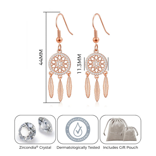Rose Gold Plated Dream Catcher Drop Earrings Created with Zircondia® Crystals - Philip Jones Jewellery