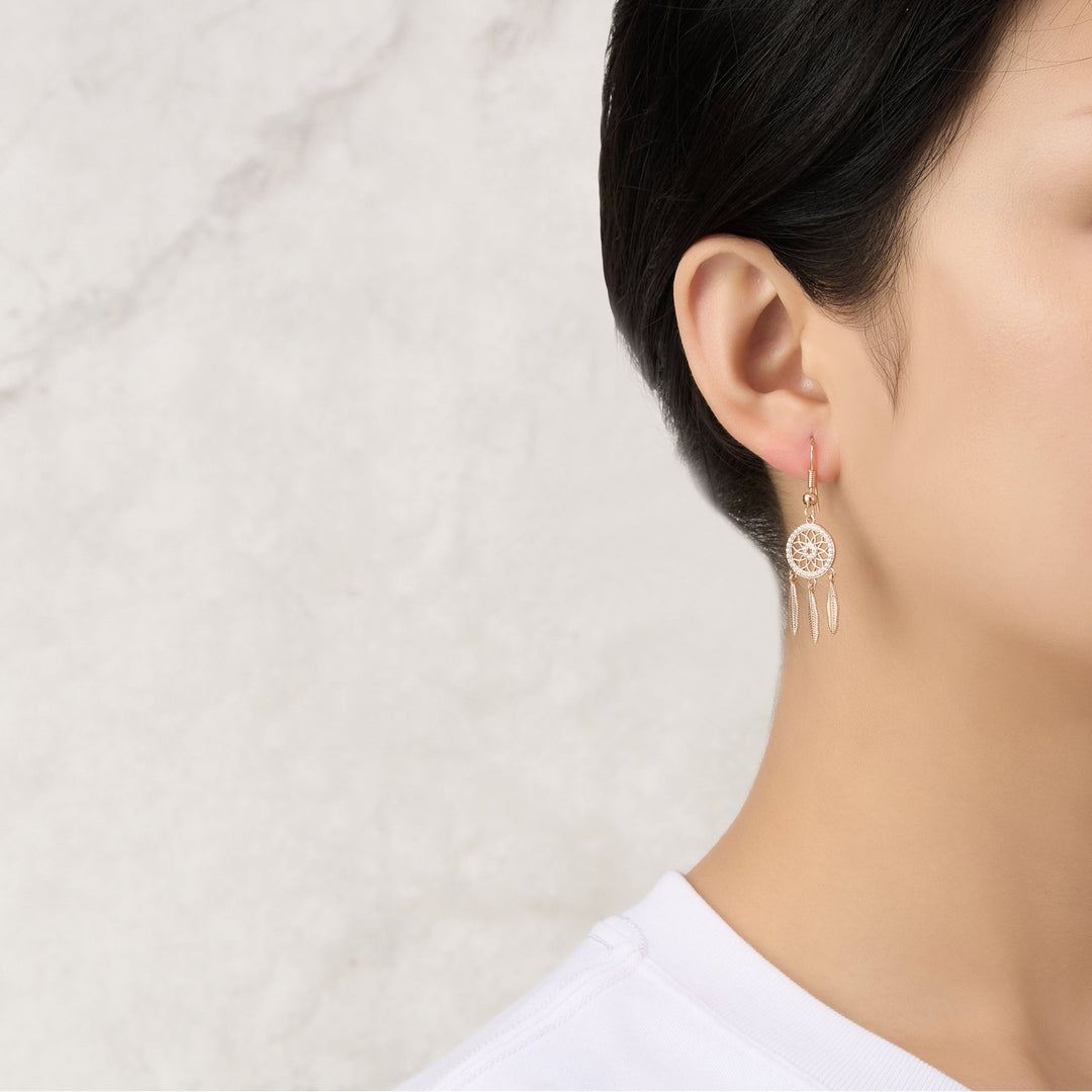 Rose Gold Plated Dream Catcher Drop Earrings Created with Zircondia® Crystals - Philip Jones Jewellery