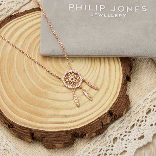 Rose Gold Plated Dream Catcher Necklace Created with Zircondia® Crystals - Philip Jones Jewellery