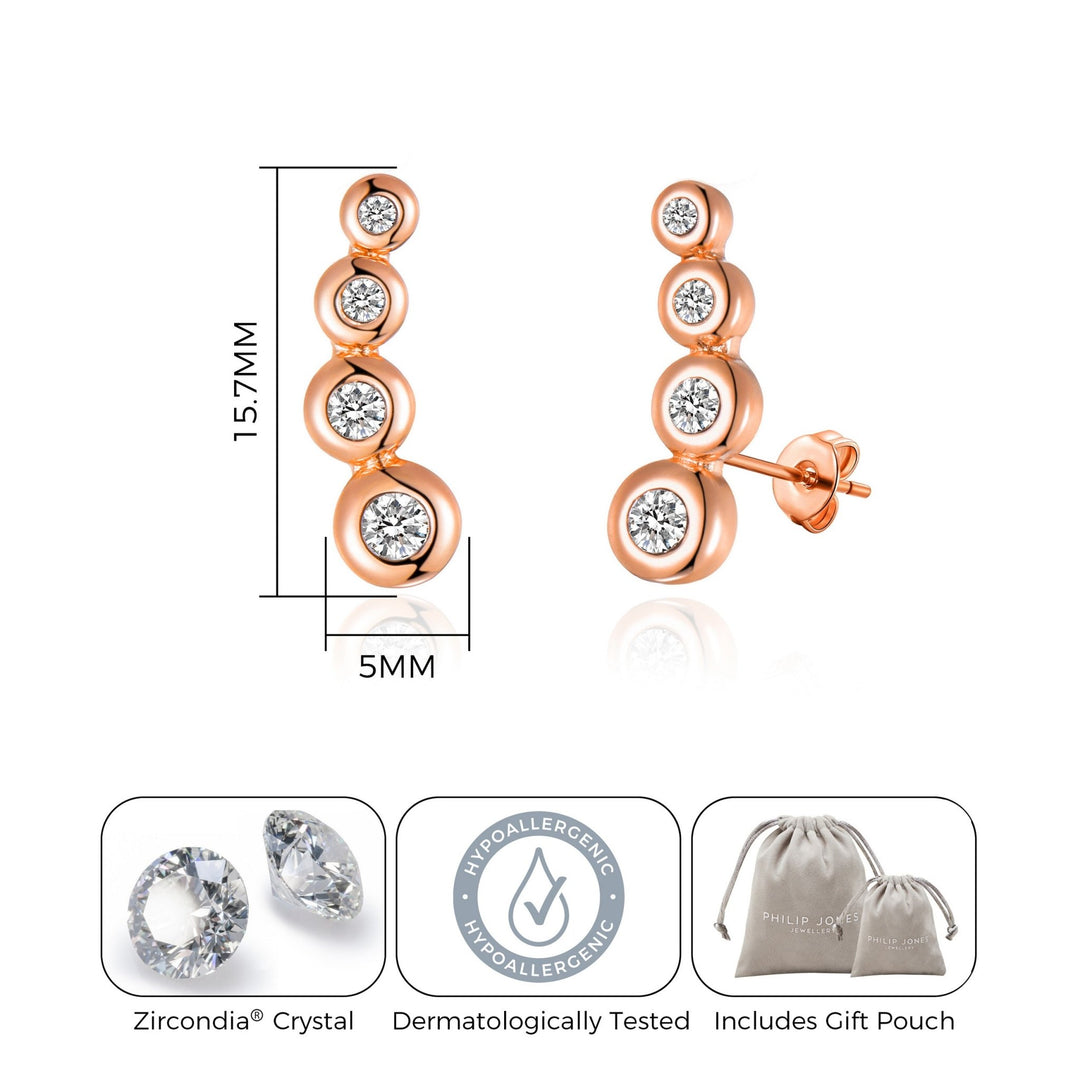 Rose Gold Plated Four Stone Climber Earrings Created With Zircondia® Crystals - Philip Jones Jewellery