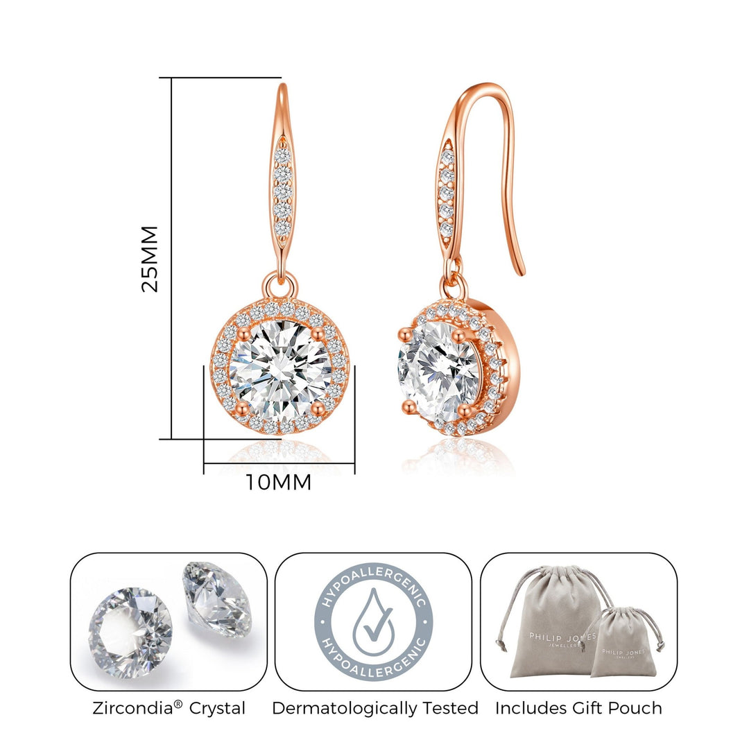 Rose Gold Plated Halo Drop Earrings Created with Zircondia® Crystals - Philip Jones Jewellery