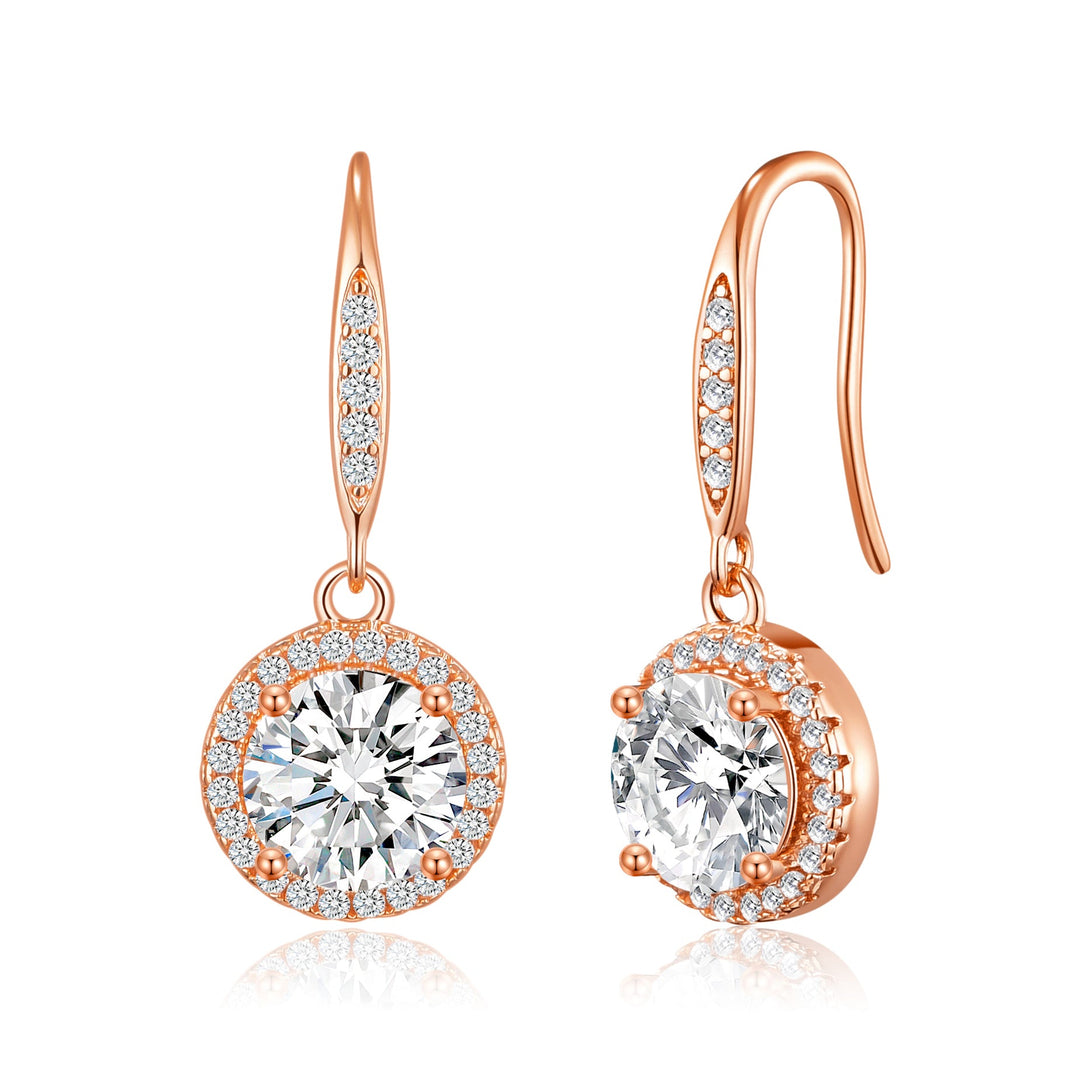 Rose Gold Plated Halo Drop Earrings Created with Zircondia® Crystals - Philip Jones Jewellery