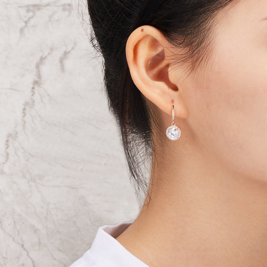 Rose Gold Plated Halo Drop Earrings Created with Zircondia® Crystals - Philip Jones Jewellery