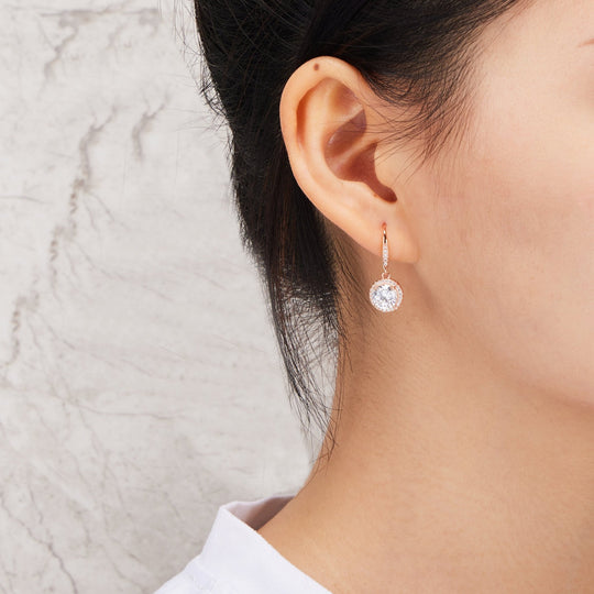 Rose Gold Plated Halo Drop Earrings Created with Zircondia® Crystals - Philip Jones Jewellery