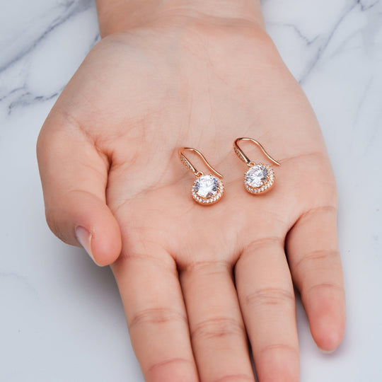 Rose Gold Plated Halo Drop Earrings Created with Zircondia® Crystals - Philip Jones Jewellery
