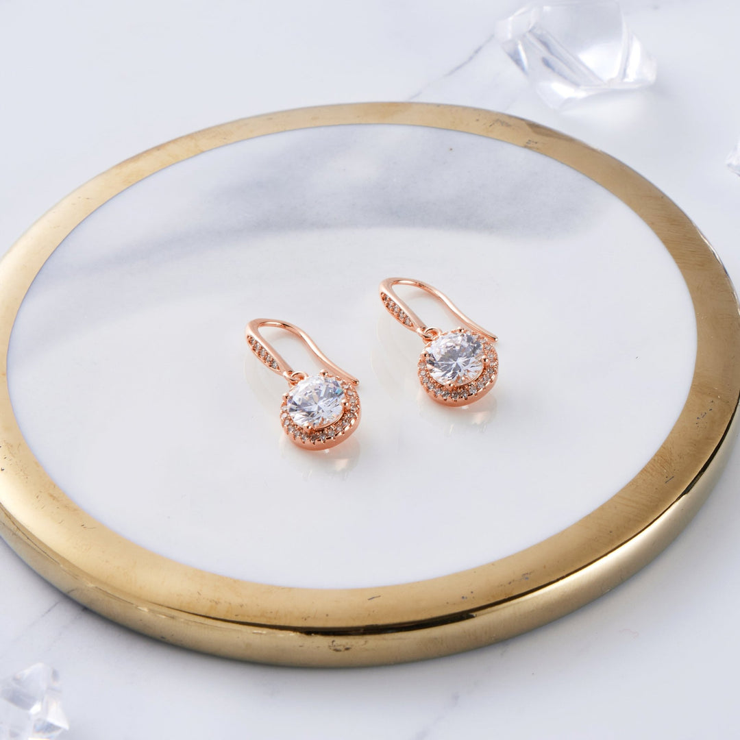 Rose Gold Plated Halo Drop Earrings Created with Zircondia® Crystals - Philip Jones Jewellery