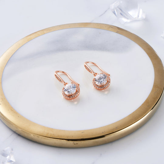 Rose Gold Plated Halo Drop Earrings Created with Zircondia® Crystals - Philip Jones Jewellery