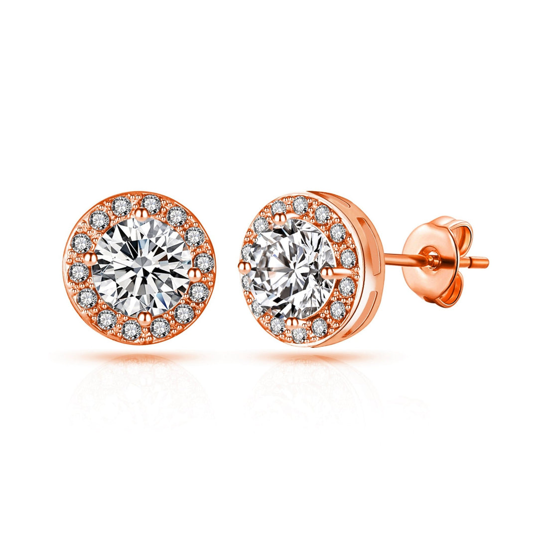 Rose Gold Plated Halo Earrings Created with Zircondia® Crystals - Philip Jones Jewellery