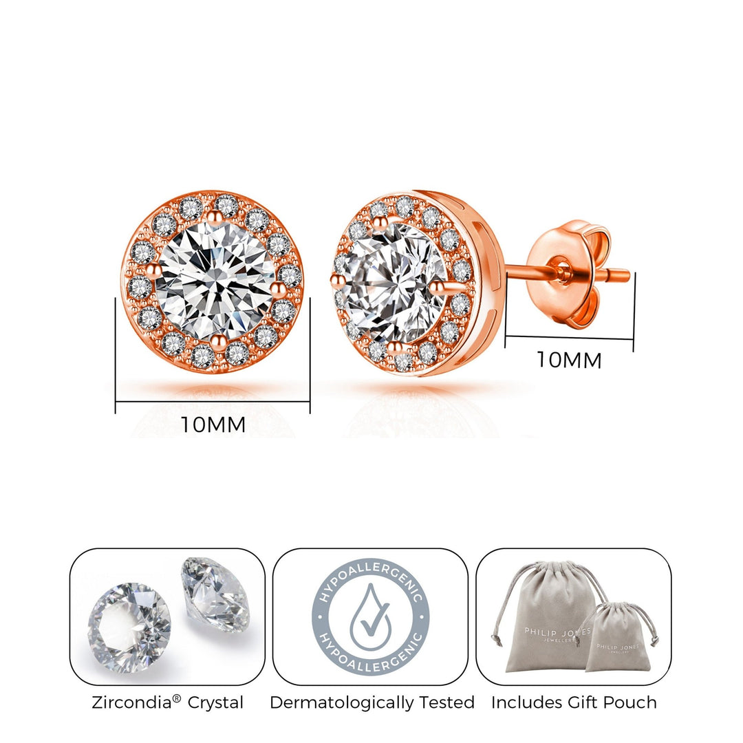 Rose Gold Plated Halo Earrings Created with Zircondia® Crystals - Philip Jones Jewellery