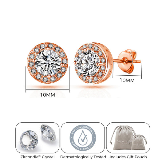 Rose Gold Plated Halo Earrings Created with Zircondia® Crystals - Philip Jones Jewellery