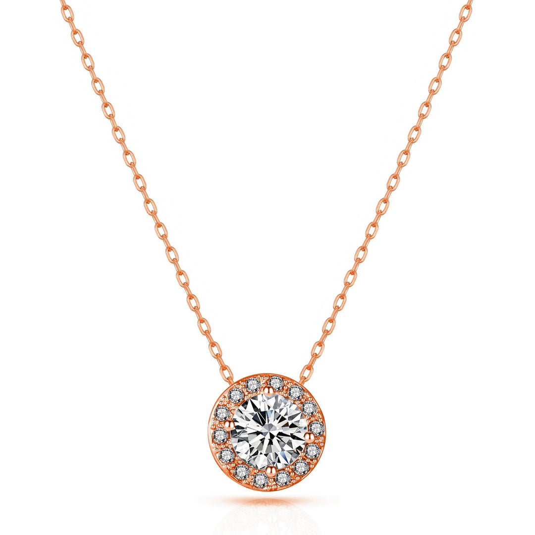 Rose Gold Plated Halo Necklace Created with Zircondia® Crystals - Philip Jones Jewellery