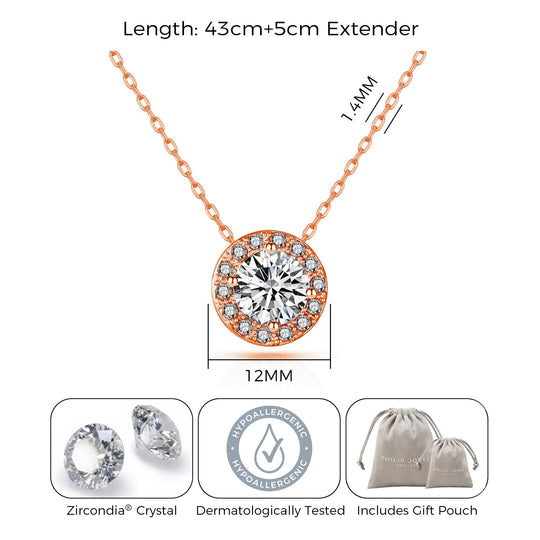 Rose Gold Plated Halo Necklace Created with Zircondia® Crystals - Philip Jones Jewellery