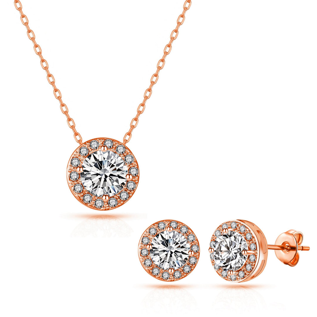 Rose Gold Plated Halo Set Created with Zircondia® Crystals - Philip Jones Jewellery