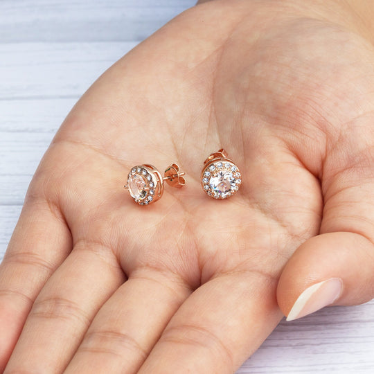 Rose Gold Plated Halo Set Created with Zircondia® Crystals - Philip Jones Jewellery