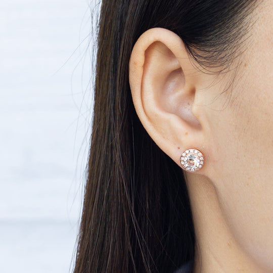 Rose Gold Plated Halo Set Created with Zircondia® Crystals - Philip Jones Jewellery