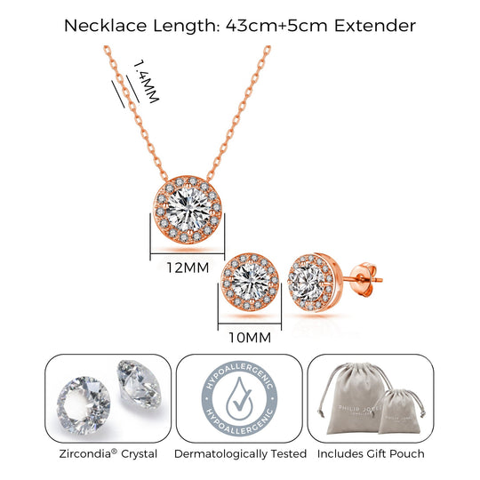 Rose Gold Plated Halo Set Created with Zircondia® Crystals - Philip Jones Jewellery