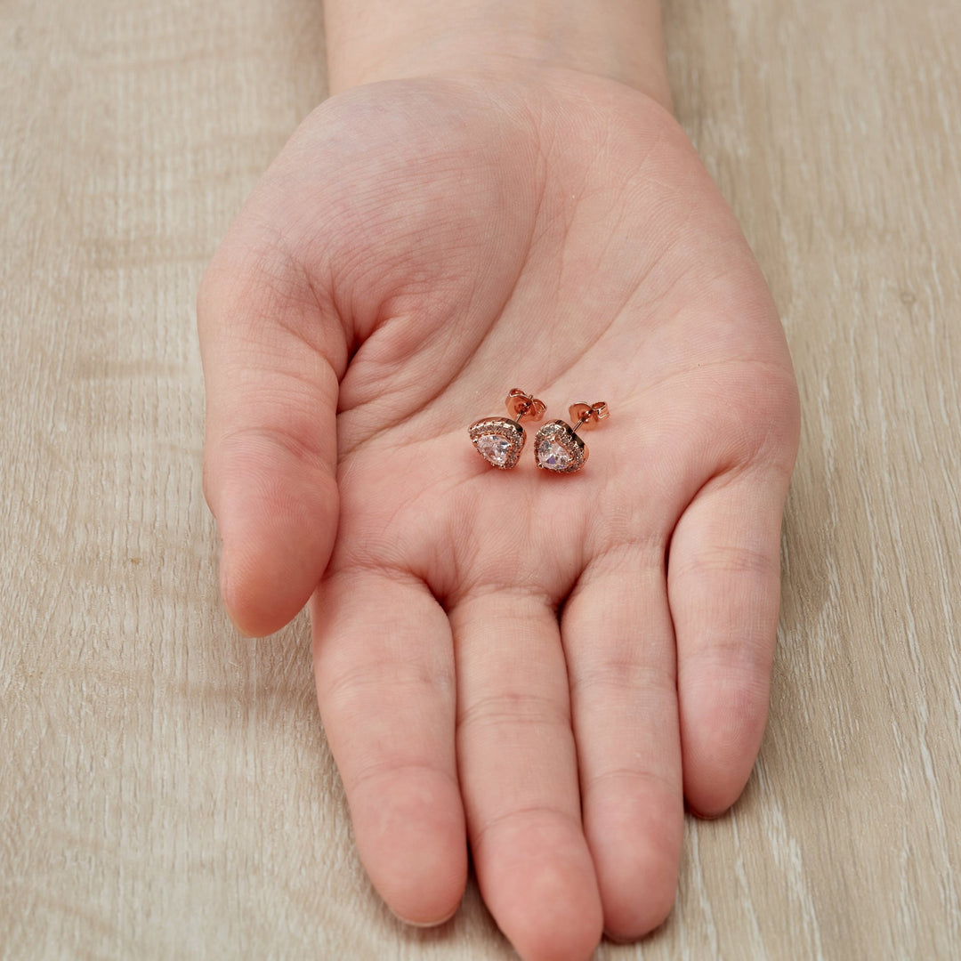 Rose Gold Plated Heart Halo Earrings Created with Zircondia® Crystals - Philip Jones Jewellery