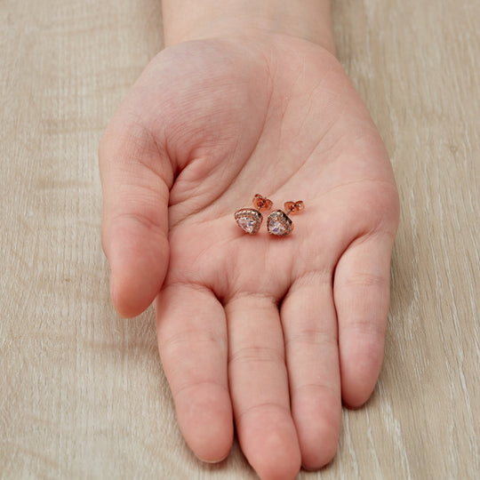 Rose Gold Plated Heart Halo Earrings Created with Zircondia® Crystals - Philip Jones Jewellery