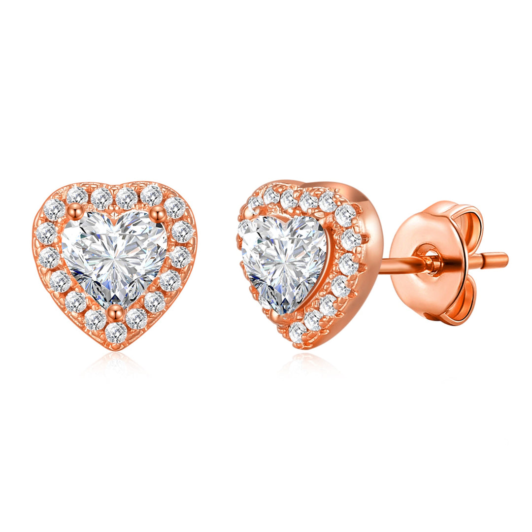 Rose Gold Plated Heart Halo Earrings Created with Zircondia® Crystals - Philip Jones Jewellery