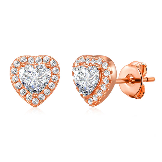 Rose Gold Plated Heart Halo Earrings Created with Zircondia® Crystals - Philip Jones Jewellery