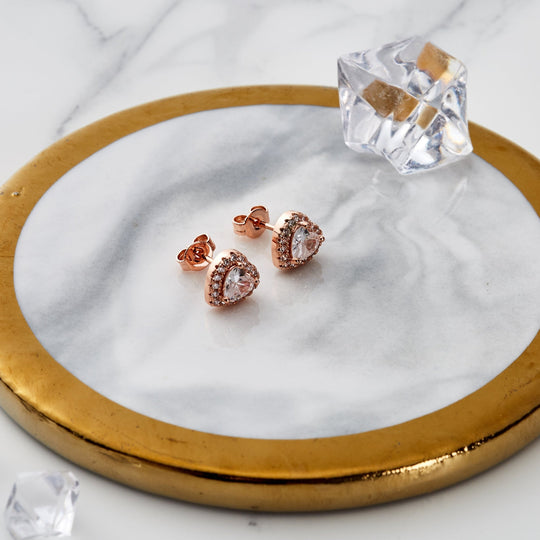 Rose Gold Plated Heart Halo Earrings Created with Zircondia® Crystals - Philip Jones Jewellery