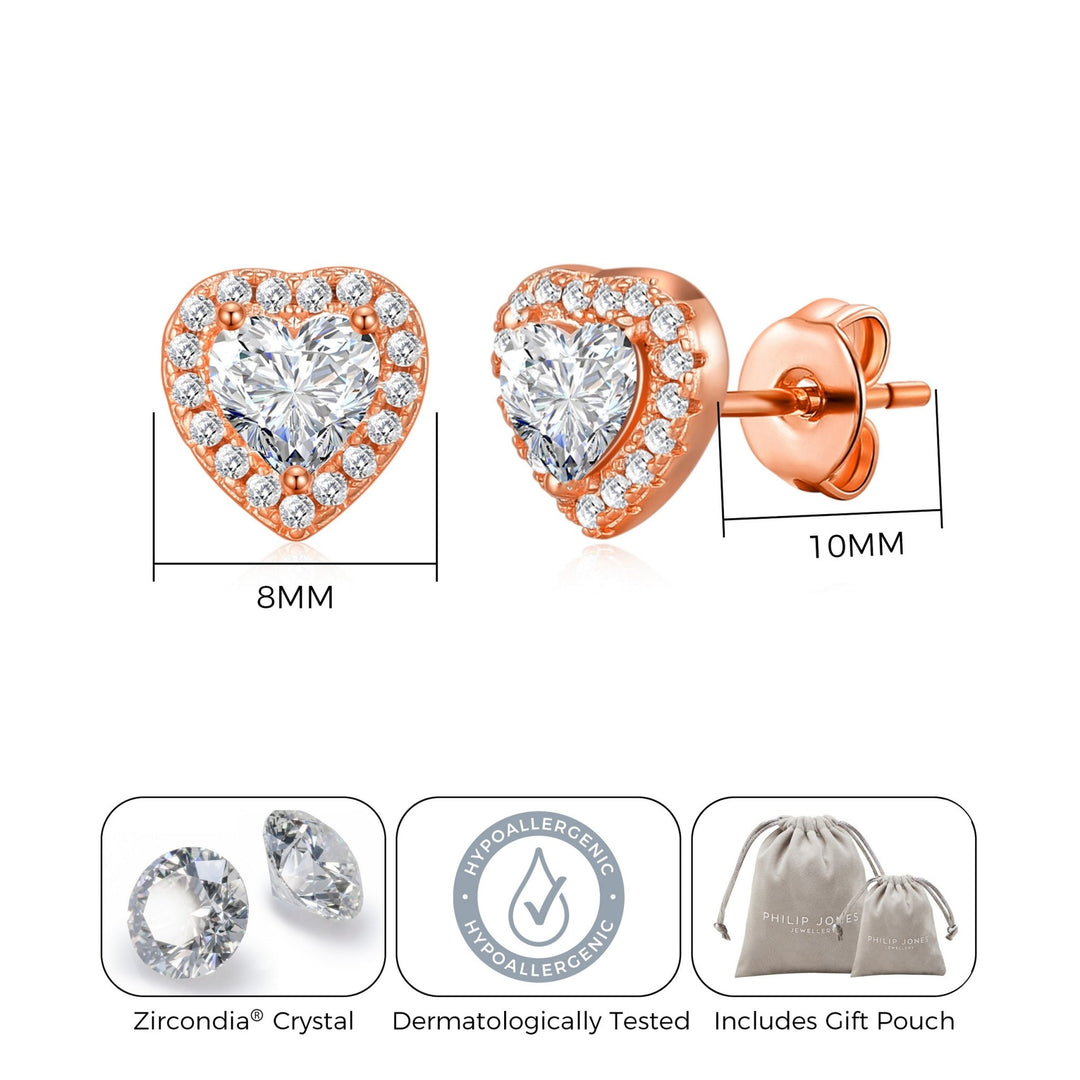 Rose Gold Plated Heart Halo Earrings Created with Zircondia® Crystals - Philip Jones Jewellery