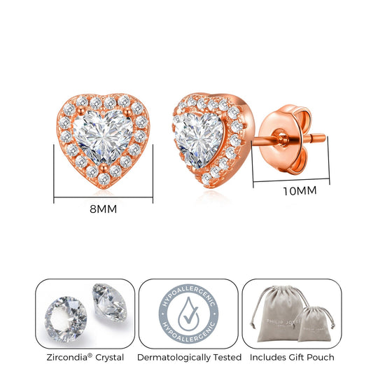 Rose Gold Plated Heart Halo Earrings Created with Zircondia® Crystals - Philip Jones Jewellery