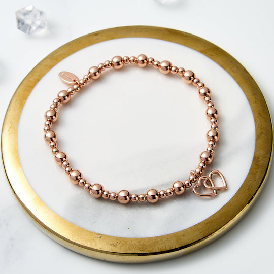 Rose Gold Plated Heart Link Beaded Stretch Bracelet - Philip Jones Jewellery