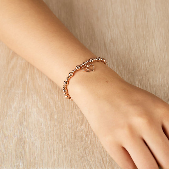 Rose Gold Plated Heart Link Beaded Stretch Bracelet - Philip Jones Jewellery